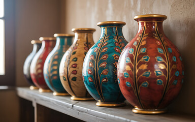 Row of decorative vases with intricate floral patterns standing on a shelf showcasing artistic craftsmanship and interior decor