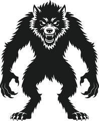 Fierce werewolf illustration in black detailed and dramatic on transparent background silhouette