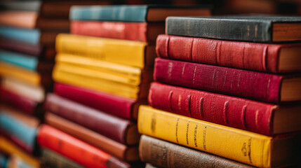 Clean bright books background with stacked hardcover books filling the frame. Selective focus highlights textures and vibrant arrangement of hardbound books.