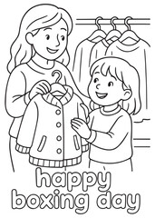 coloring book woman helping child choose coat in clothing store on boxing day