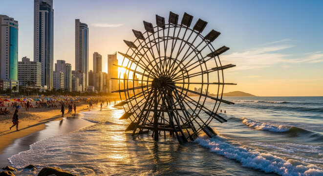 Water Wheel on Beach During Golden Hour Sunset Cityscape
