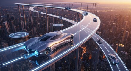 Futuristic silver cars travel on elevated roadways above a sprawling cityscape at sunset, showcasing advanced transportation.