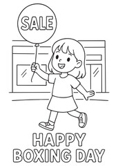 coloring book girl holding sale balloon while smiling on boxing day