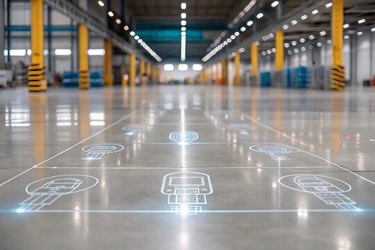 Futuristic warehouse interior with digital overlay for logistics and automated operations - Powered by Adobe