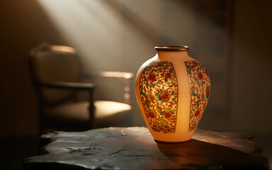 Illuminated decorative vase with floral pattern resting on a wooden table creating a warm and inviting atmosphere