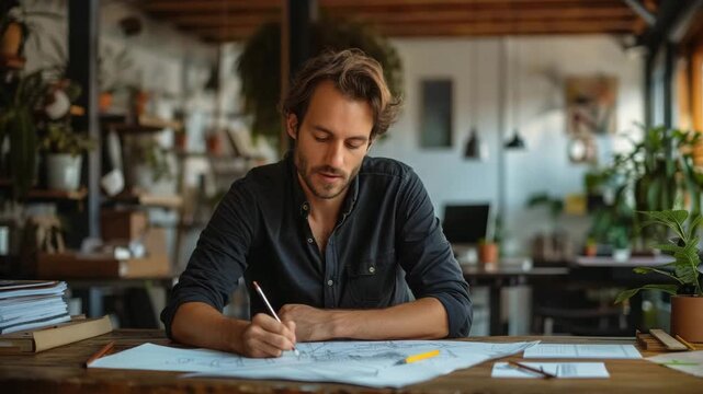 Creative designer sketches ideas in a cozy studio filled with plants and natural light during the afternoon
