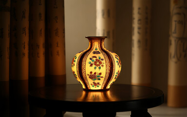 Illuminated porcelain vase with floral design glowing softly on a dark wood table creating a warm ambiance