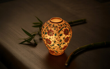 Illuminated decorative vase with floral pattern resting on a wooden table with bamboo leaves creating a warm and inviting ambiance