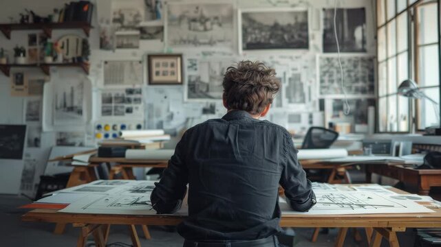Artist working in studio surrounded by sketches and architectural designs during daylight hours