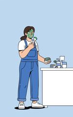Woman with green facial mask holding a jade roller standing near a table with skincare products