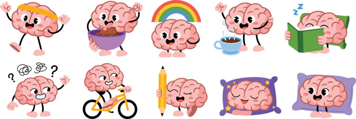 Cute cartoon brain characters, emotional expressions, creative activities, educational mascot, mental health, learning, playful illustration