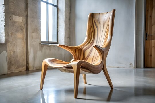 Unique organically shaped wooden armchair with flowing lines in a minimalist industrial loft setting - Powered by Adobe