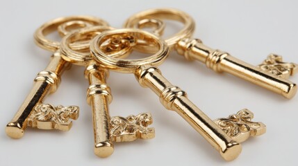 Set of Four Ornate Golden Keys Arranged Neatly on a White Background Showcasing Intricate Designs