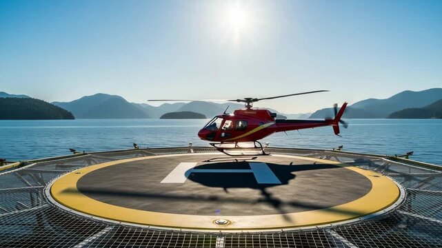 Red helicopter lands on helipad on water with mountains in background