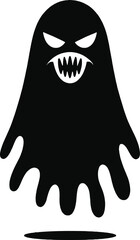 Creepy cartoon ghost with sharp teeth floating menacingly on transparent background silhouette