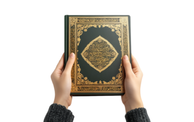 Detailed close up of a person holding a Quran with ornate design highlighting belief and cultural tradition isolated on transparent background PNG