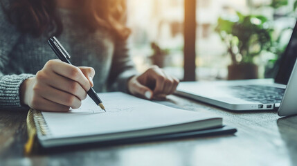 Close-up of a hand writing in a notebook beside a laptop, symbolizing productivity, business planning, journaling, education, and creative thinking in a modern workspace setup.