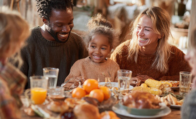 Happy family enjoying Thanksgiving dinner diverse group celebrating together sharing a meal