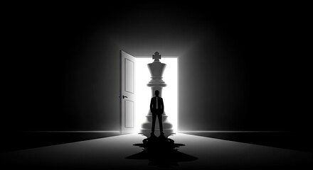 Man Standing Before A Giant Chess Piece in a Dark Room With Open Door