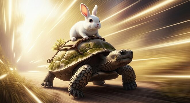 Rabbit riding a turtle on a fast moving road