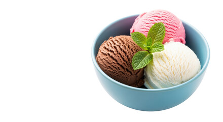 Dark chocolate, pink strawberry, vanilla ice cream scoops in blue bowl with mint, white background, copy space, soft light, no shadows. Commercial dessert concept