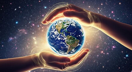 Cosmic Hands Gently Cradle Our Precious Earth Amidst Starry Galaxy