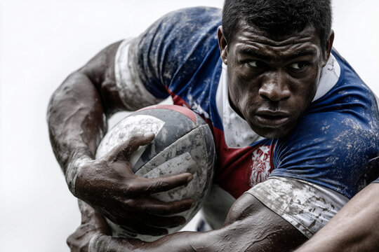 Intense rugby clash as players battle for possession on the field