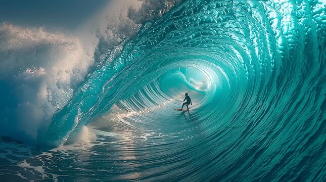 action shot of a lone expert surfer riding deep inside the barrel of a colossal, translucent turquoise wave, sunlight illuminating the spray as mastery and raw ocean power collide.