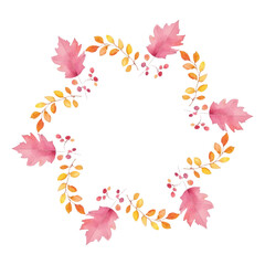 Watercolor round frame of autumn leaves, maple, rowan, birch. Warm tones and simple style make it cheerful and friendly, great for design of stickers, labels, cards.