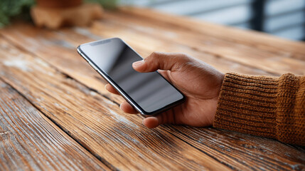 Close-up of a hand using a smartphone on a wooden table. Modern digital lifestyle concept showcasing mobile technology, connectivity, and everyday tech interaction.