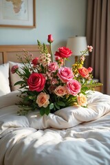 Vibrant Spring Flowers Burst from Plush Bed, Stunning Bedroom Decor Photography