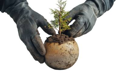 Detailed close up of human hands nurturing a small plant highlighting hope preservation and earth care isolated on transparent background PNG