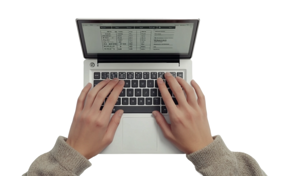 Detailed close up of hands using laptop keyboard highlighting business creativity and professional workflow isolated on transparent background PNG