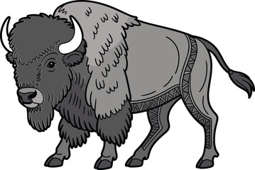 Majestic American bison illustration, detailed wildlife art, nature drawing, vector graphic, animal portrait, stock photo