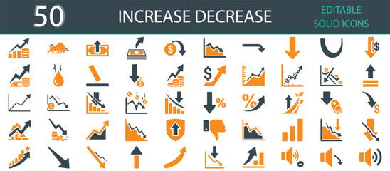 Increase Decrease solid fill icons set of 50. Editable glyph vector illustrations showing growth, profit, loss, financial uptrend, downtrend, analytics, stock exchange, and economic performance charts © Fifty Icons