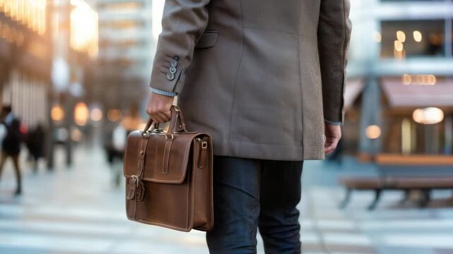 Business professional walks through city streets carrying a leather briefcase during sunset