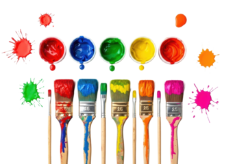 Professional paintbrushes, ceramic pots with vibrant acrylic paint, drips, splatters on white, ultra-realistic flat lay, concept of art and creativity