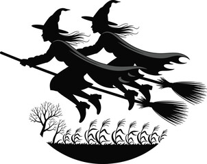 Two witches flying on brooms over a landscape silhouette on transparent background