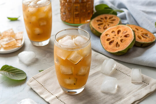 Refreshing bael fruit juice with ice and slices