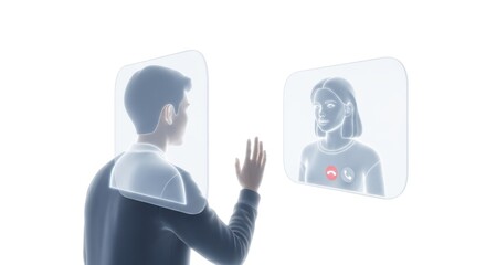 A person reaching out to a virtual video call of a woman.