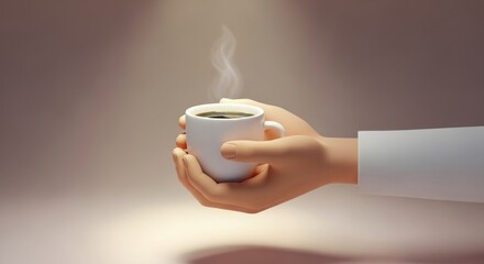 Hands gently hold a steaming white cup, with a soft light highlighting the warmth of the beverage.
