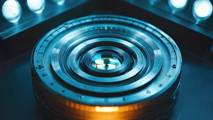 Futuristic Camera Lens With Glowing Aperture. High-Tech Optical System For Industrial And Sci-Fi Design Concepts