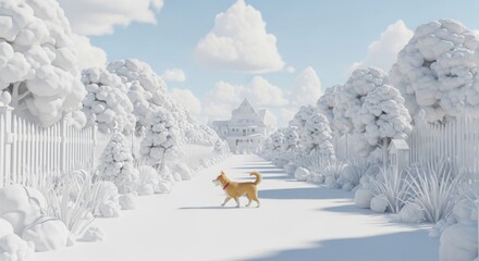 A solitary dog walks down a snow-covered path, with white fences and a distant building under a cloudy sky