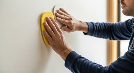 Close-up of skilled hands diligently preparing a wall surface with sponges, embodying the concept of meticulous home renovation and hands-on DIY work