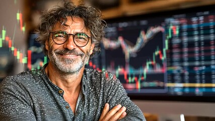 Happy businessman in office with stock market graphs - Powered by Adobe