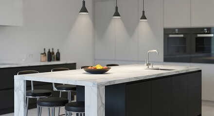 Modern kitchen design with island, black and white color scheme
