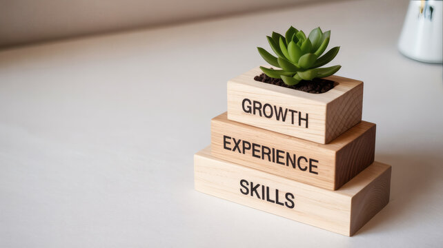 Stacked wooden blocks with the words skills experience growth and a succulent plant symbolizing career development and personal advancement