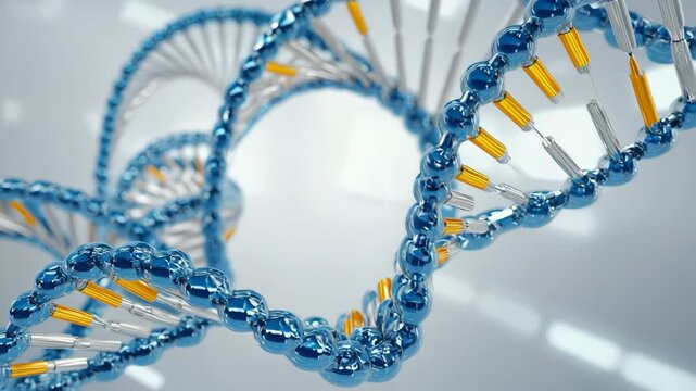 Abstract blue metallic D N A helix molecule structure rotating slowly on a clean bright