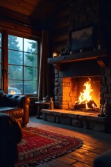 Cozy Cabin Fireplace Embers Glow Warmth and Efficient Energy in Rustic Setting
