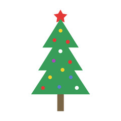 Stylized green christmas tree adorned with colorful ornaments and star festive decoration